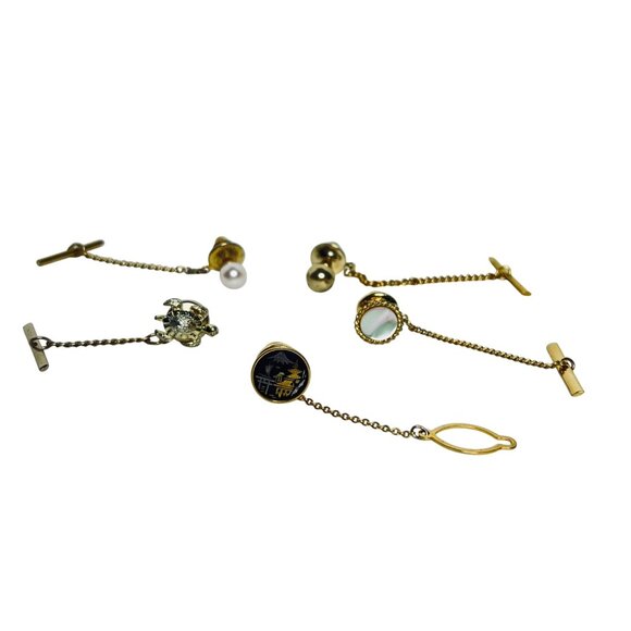 Vintage Lot Of 5 Gold Tone Tie Tacks With Chains & Mixed Designs (6051) - Picture 1 of 5